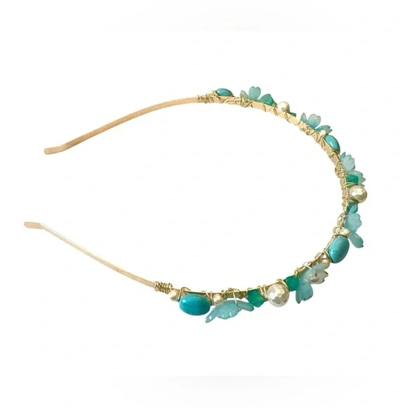 Fairy Headband with Lucite Flowers, Turquoise, Czech Glass and Glass Pearls - Picture 5 of 9